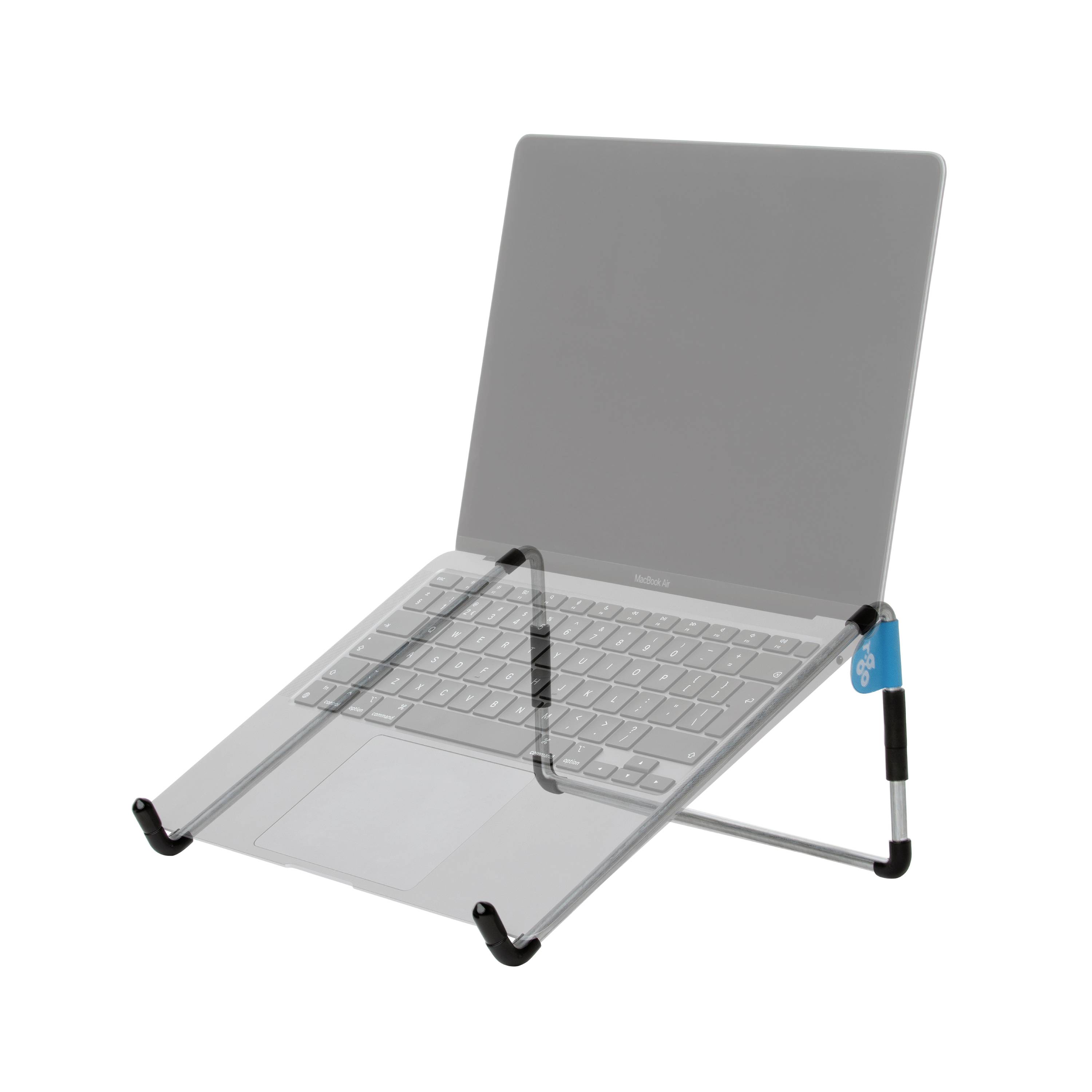Metal laptop stand, ergonomically angled, black with blue elements, for improved air circulation and posture.