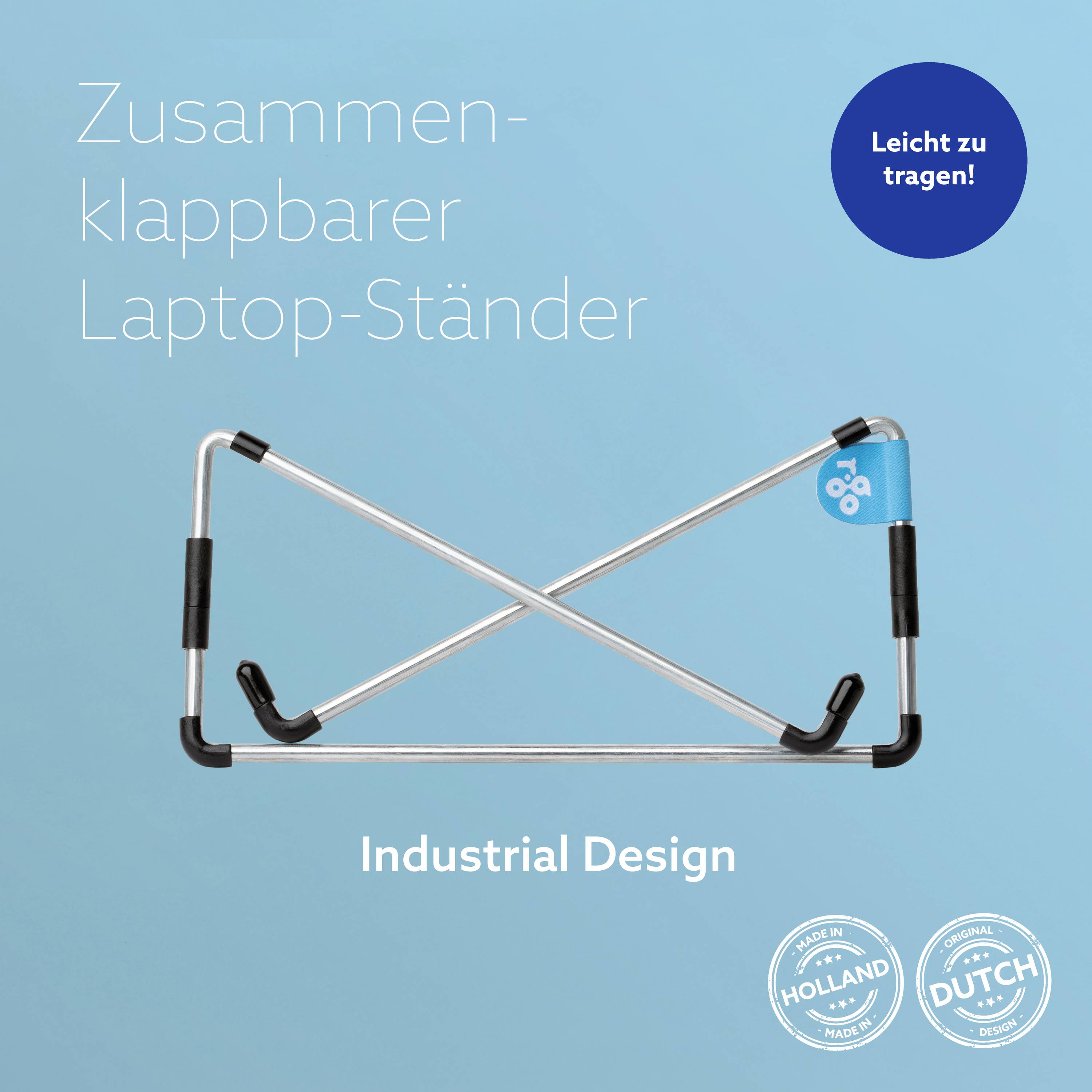 Foldable Laptop Stand in Silver with Black and Blue Accenting, Marketed as 'Easy to Carry!' and 'Industrial Design'.