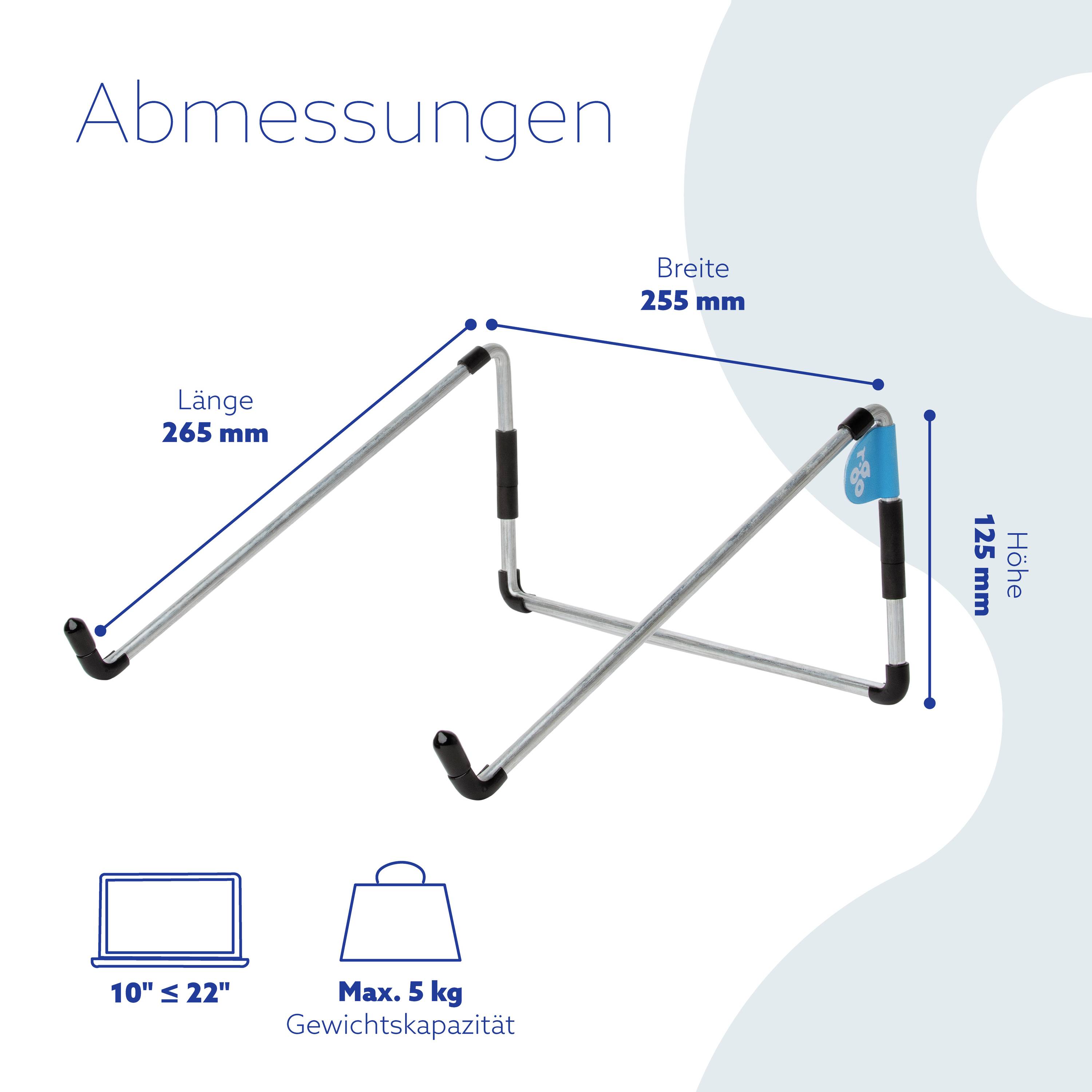 'Bicycle stand dimensions: Length 265 mm, Width 255 mm, Height 125 mm. Suitable for laptops 10" to 22", maximum load 5 kg.'