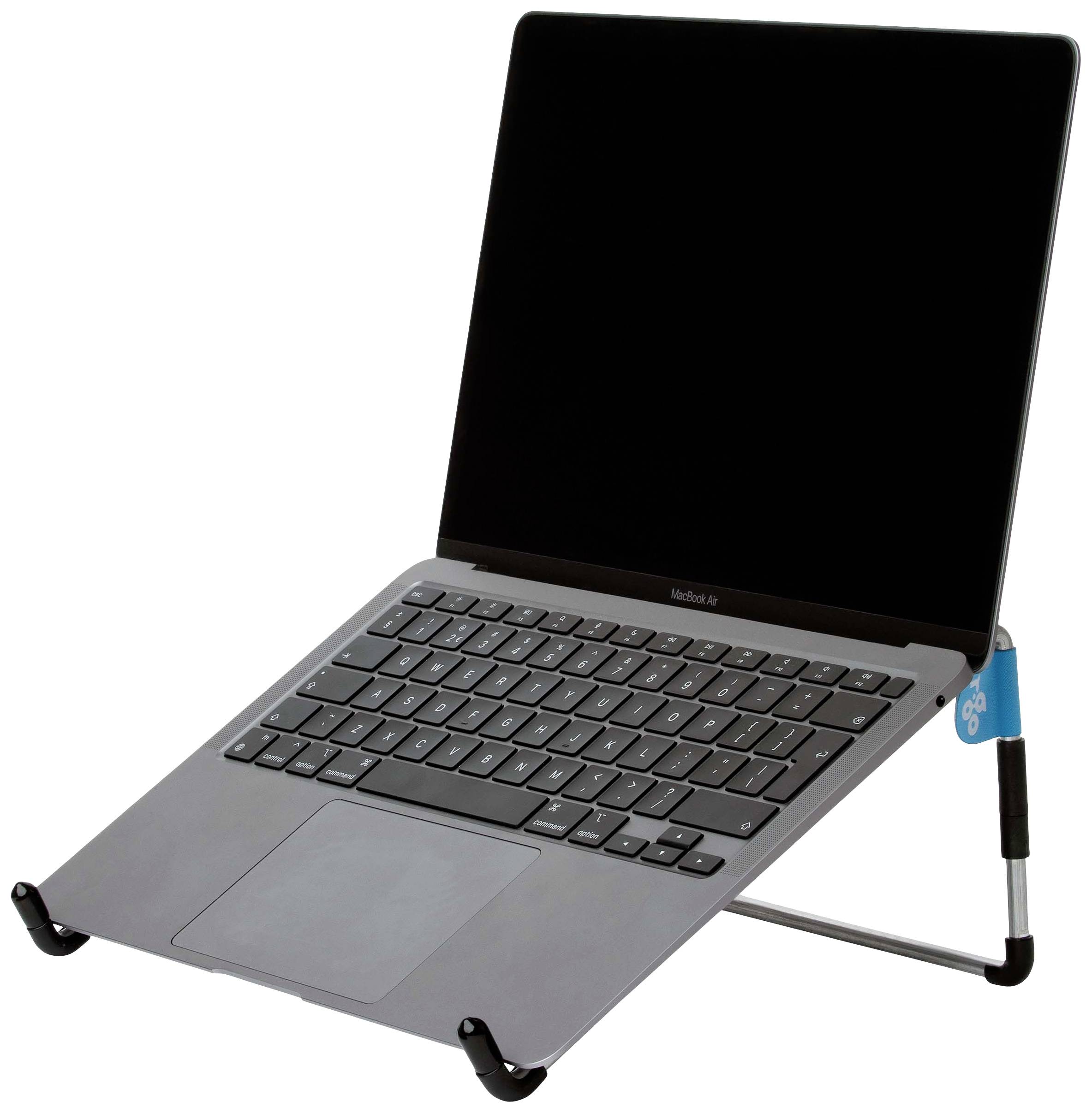A laptop is positioned on an adjustable-height stand that raises the screen to eye level and facilitates ergonomic working.