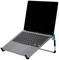 A laptop is positioned on an adjustable-height stand that raises the screen to eye level and facilitates ergonomic working.