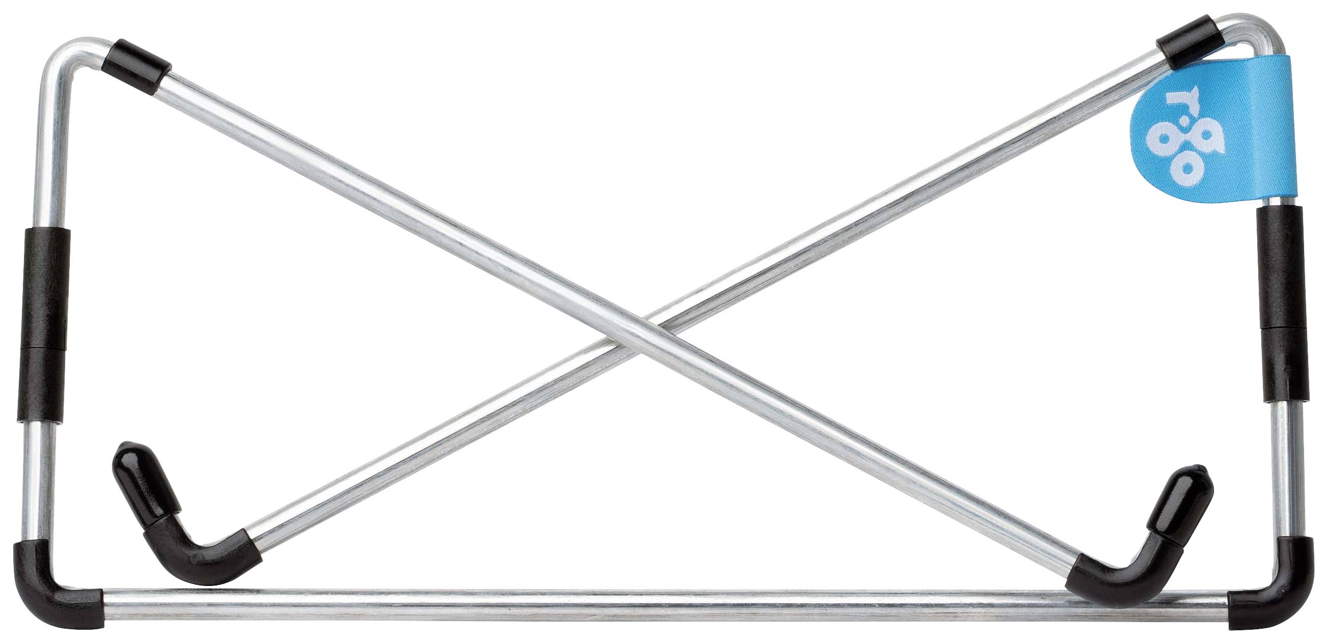 Metal cross-shaped guitar stand with black and blue rubber, securely holds instruments for stable positioning on the ground.