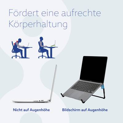 A graphic shows a person on the left with incorrect posture in front of a laptop. On the right, a laptop placed at a raised height with improved posture. Text: 'Promotes an upright body position'.