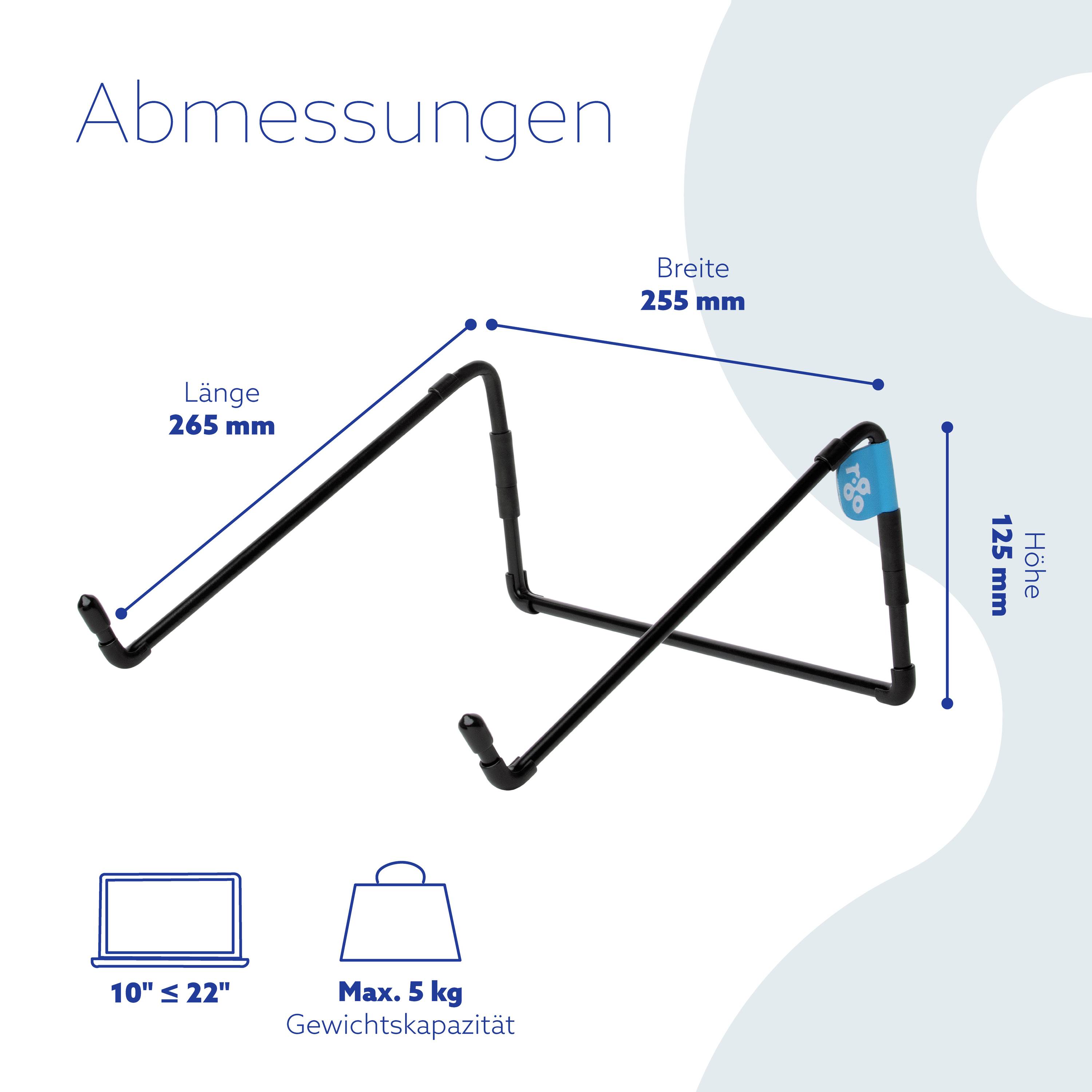 'Dimensions': Stand with length 265 mm, width 255 mm, height 125 mm. Suitable for laptops up to 22", weight capacity 5 kg.