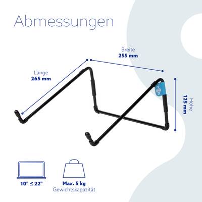 'Dimensions': Stand with length 265 mm, width 255 mm, height 125 mm. Suitable for laptops up to 22", weight capacity 5 kg.