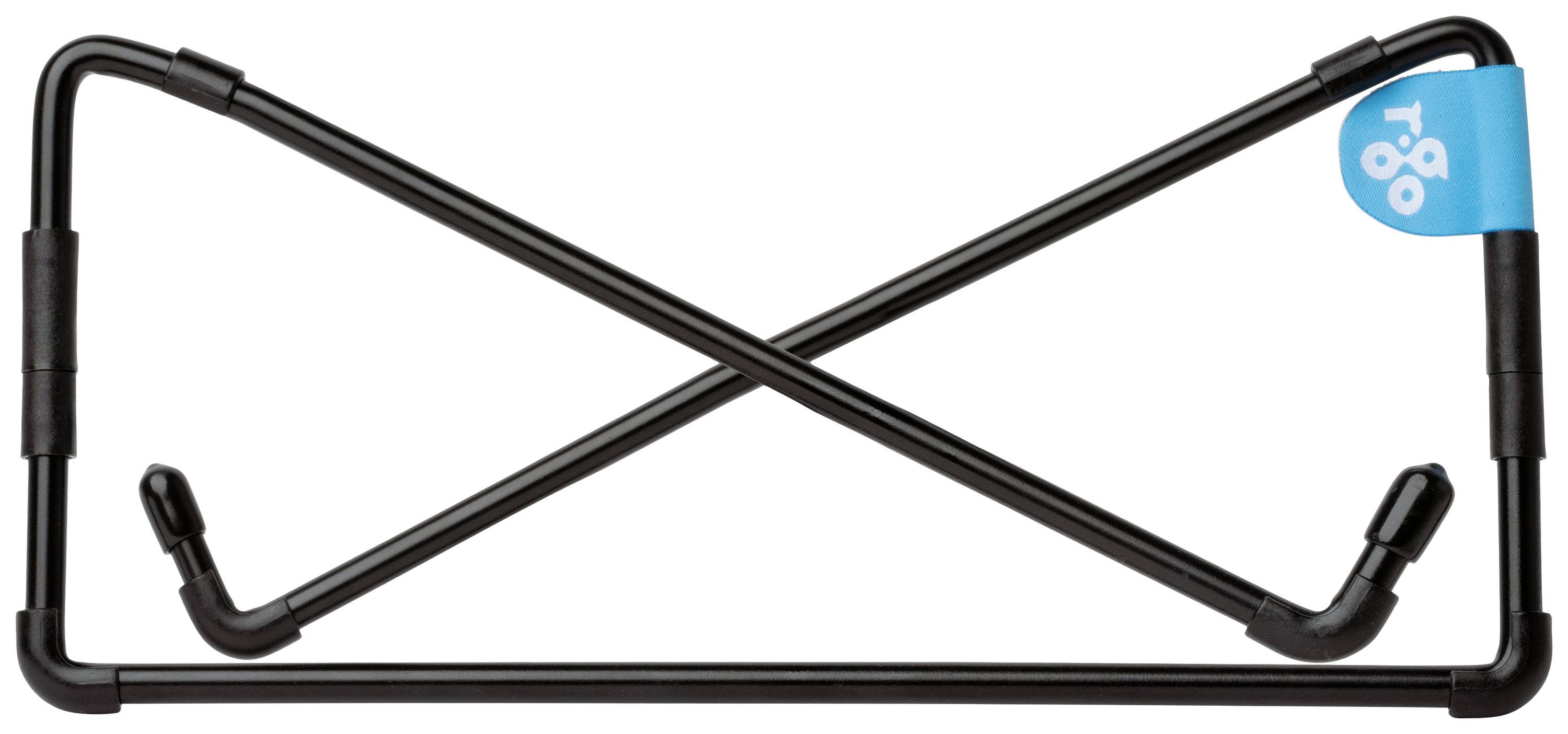 Black bicycle rack in X-shape with blue flag in the top right corner, displaying symbol and possibly brand mark.