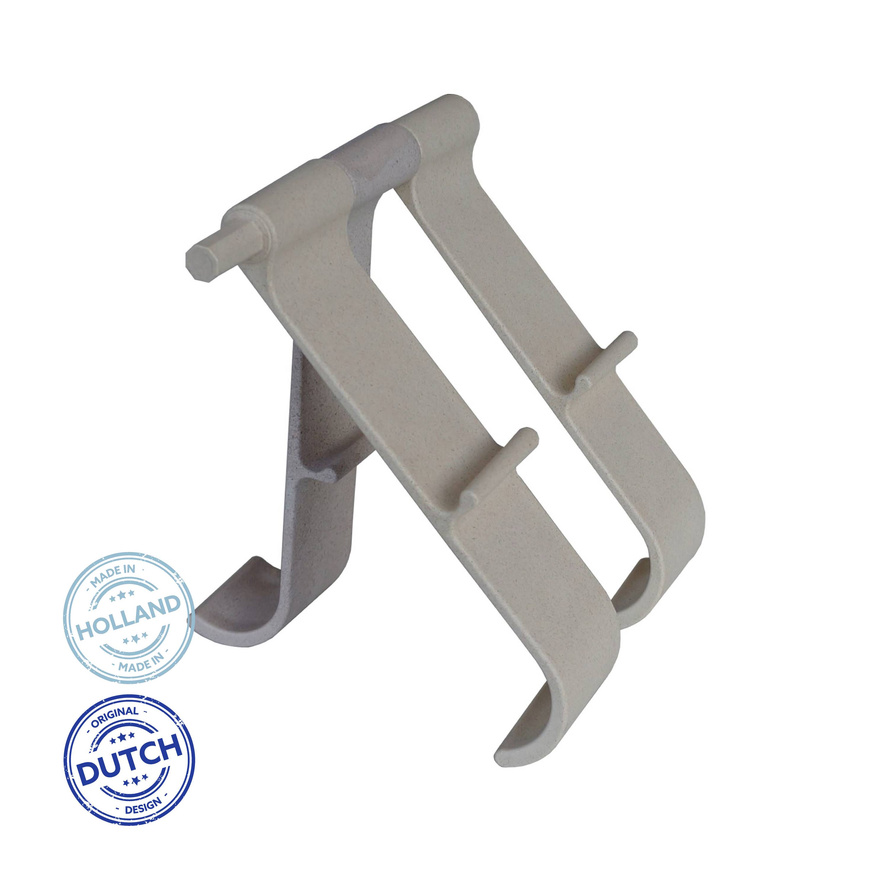 A simple laptop or tablet stand made of plastic. Two seals: 'MADE IN HOLLAND' and 'ORIGINAL DUTCH DESIGN'.<br><br>Note: This translation is already in British English, so no significant changes were required.