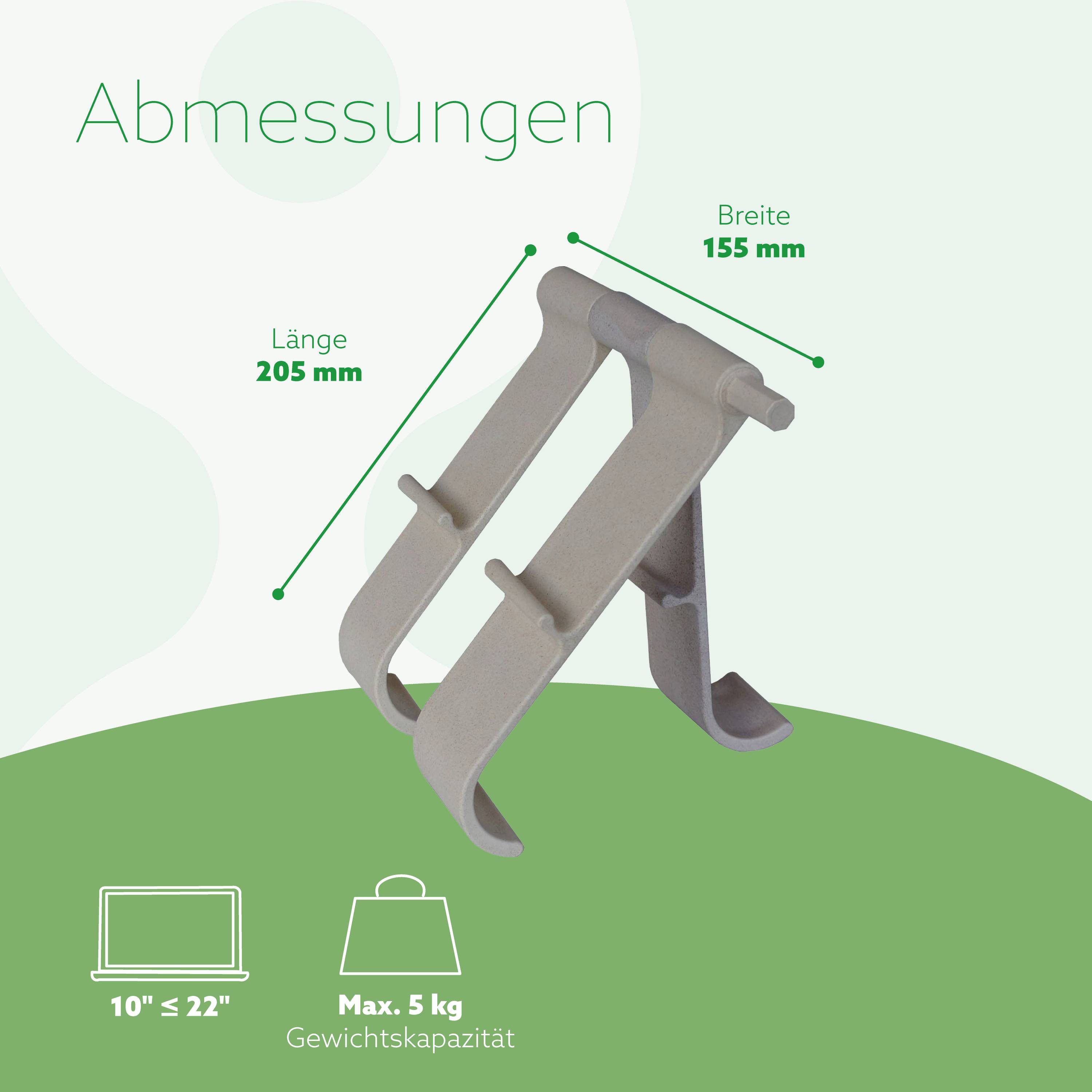 'Dimensions: Length 205 mm, Width 185 mm. Suitable for laptops from 10" to 22". Maximum weight capacity 5 kg.'
