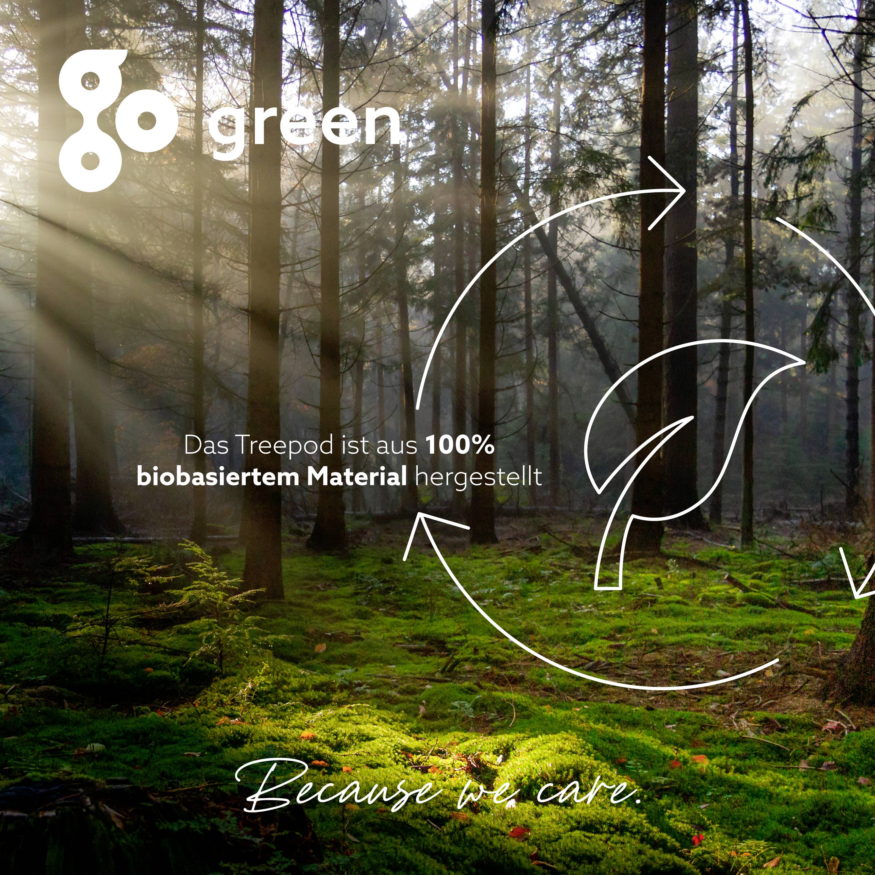 "Forest with sunrays. Text: 'Go Green. The Treepod is made from 100% bio-based material. Because we care.'"<br><br>Note: This translation maintains British English spelling and terminology while preserving the original message and structure.