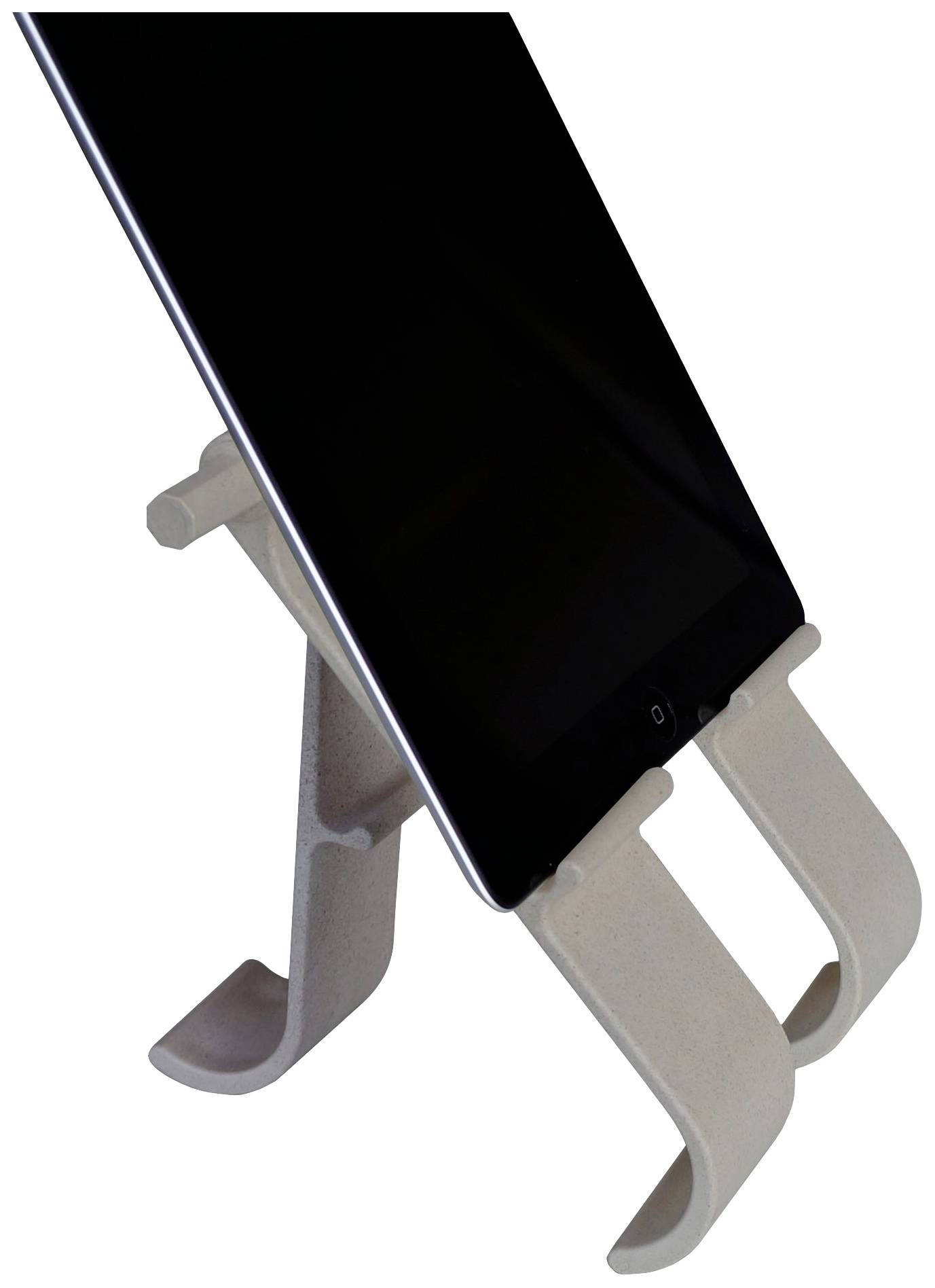 A tablet rests on a minimalist, metallic stand with curved legs, holding the device in portrait orientation.