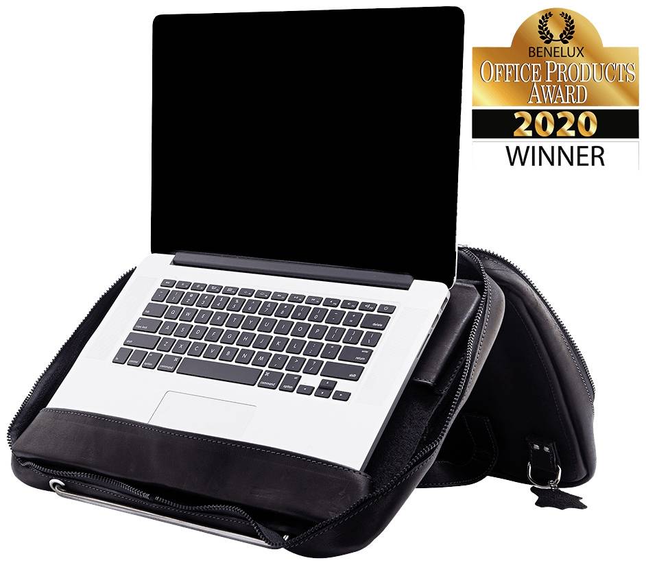 A laptop on an open black bag. Top right, a badge reading 'Benelux Office Products Award 2020 Winner'.