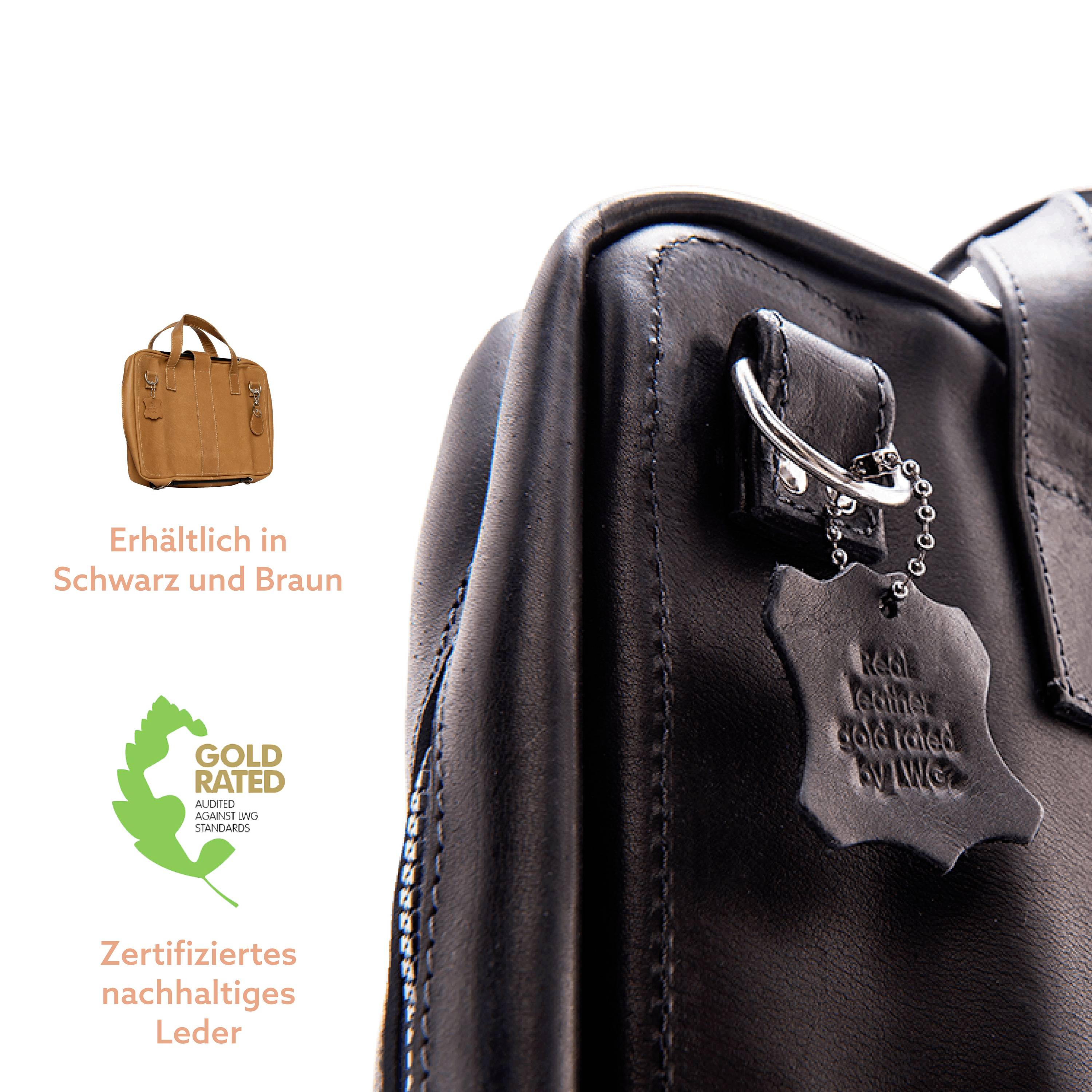 Leather bags in Black and Brown. Certified sustainable material. Recommended for style-conscious and environmentally friendly users.