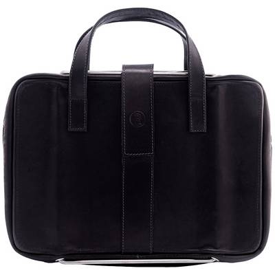 Black leather handbag with two handles; simple, elegant design.