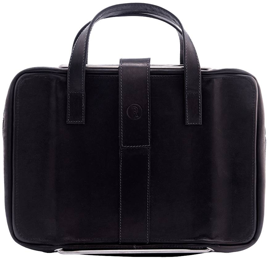 Black leather handbag with two handles and a central strap.
