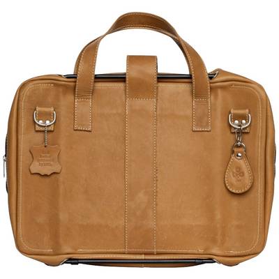 A brown leather briefcase with two handles and silver metal buckles.