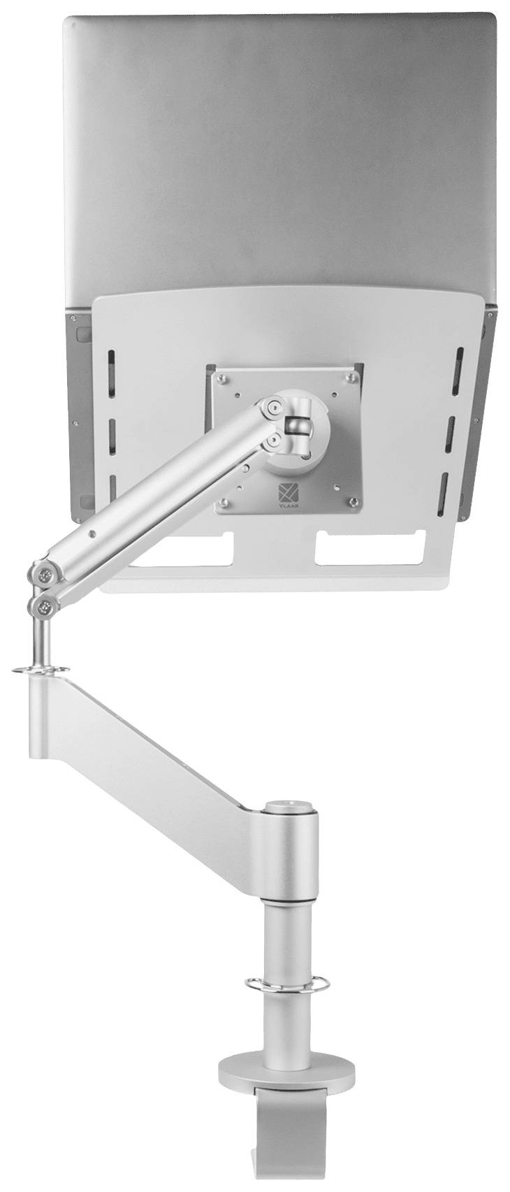 An adjustable-height, silver monitor arm with a mounted screen, suitable for ergonomic workstations.