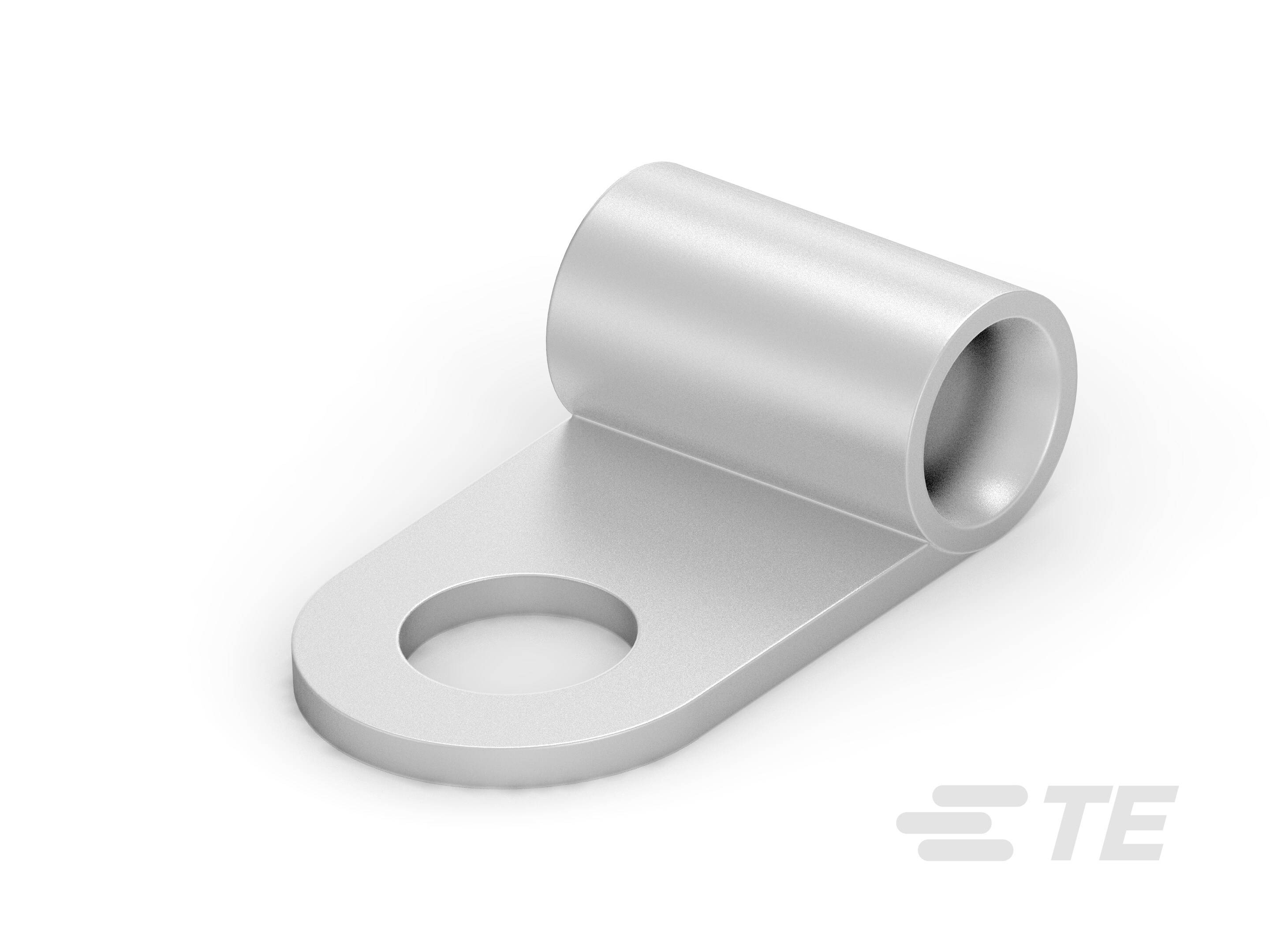 Aluminium cable lug with cylindrical clamping collar and flat drilled flange, suitable for attachment to cables for electrical connection.