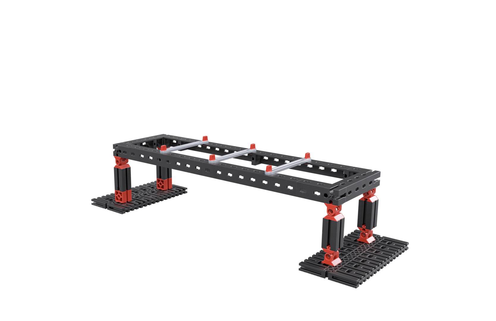 A black, rectangular construction frame with red connective elements, supported on two platforms.