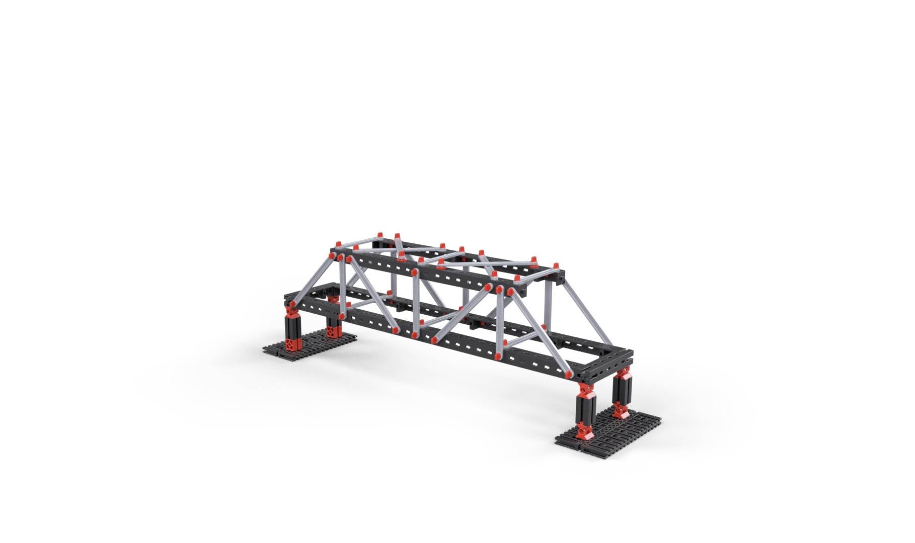 A toy model of a metal bridge with red connecting parts and black bases, demonstrating a structural construction.
