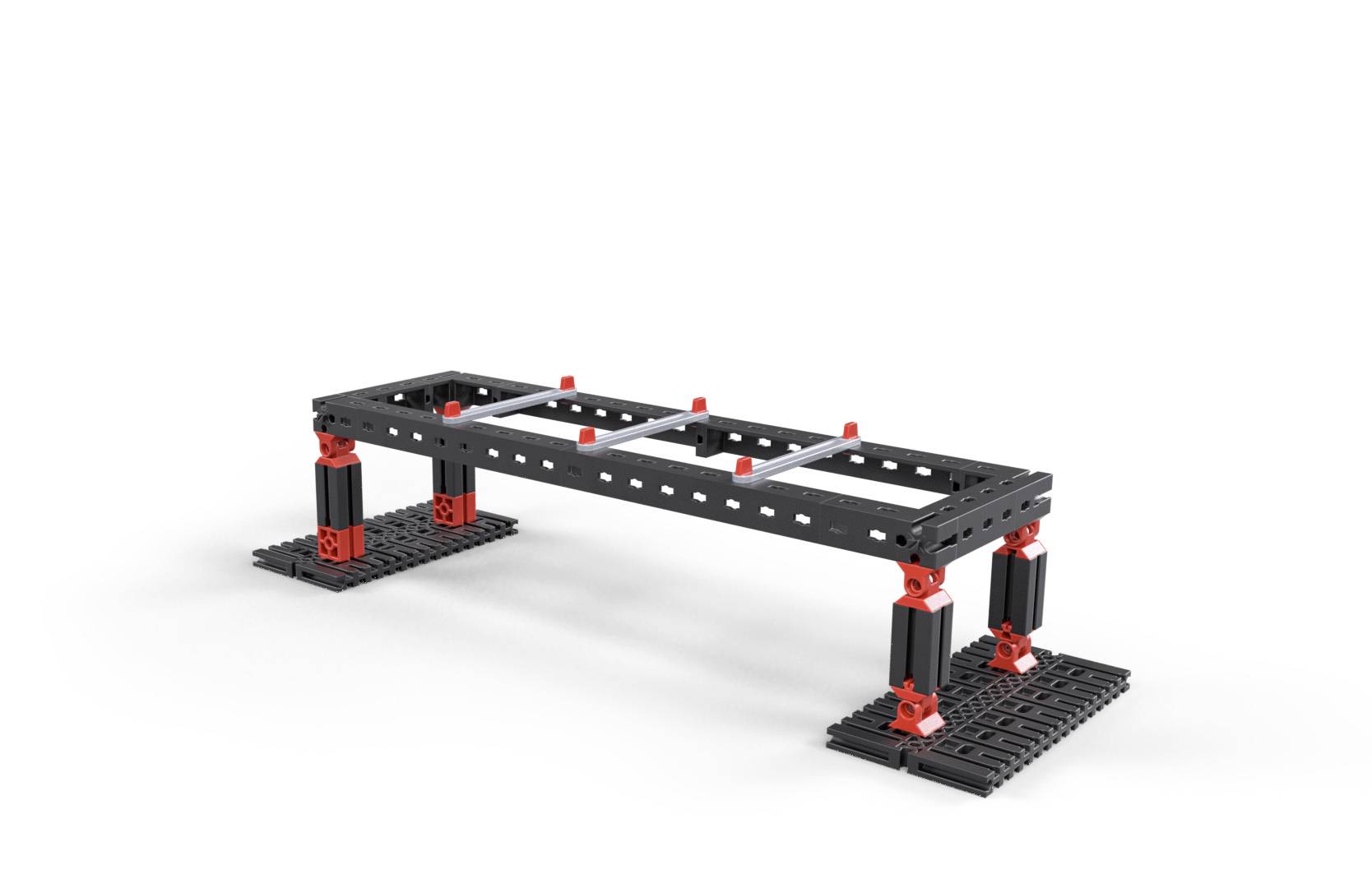 Modular component system comprising black and red components, forming a rectangular structure. Suitable for technical constructions.