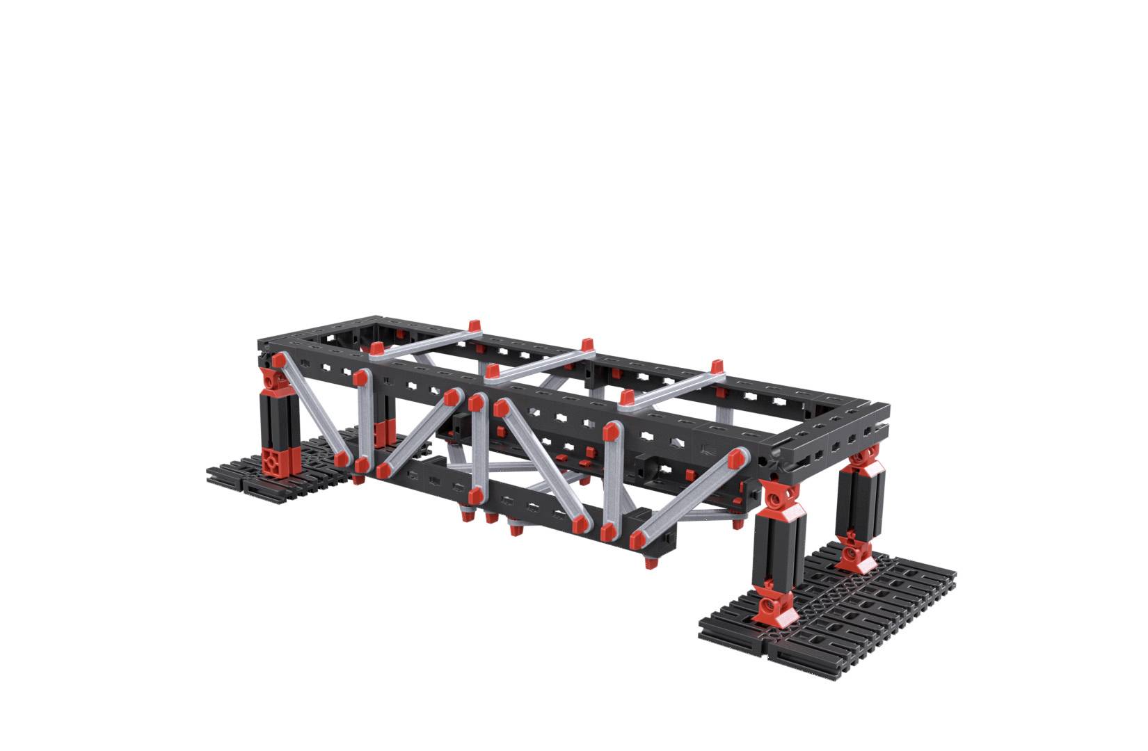 Model of a metal bridge with red and black components. Construction detail shows support pillars and cross braces.