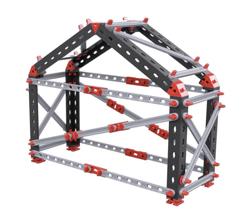 Model of a frame or structure made of interlocking metal and plastic components in the shape of a small house with visible connecting pieces.