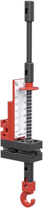 A spring balance with a plastic hook in red and black. It displays a scale in Newtons (N) for measuring force.