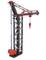 'Lego crane model in red, black and grey, showing a detailed structure with crane arm and pulley system.'