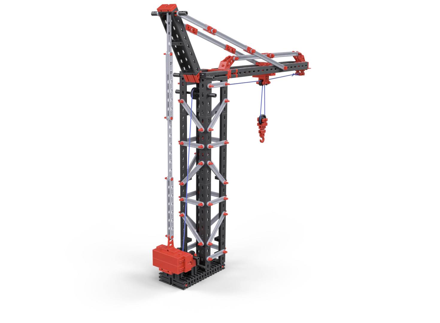 A model construction crane with a red and grey framework, equipped with a suspended load chain.