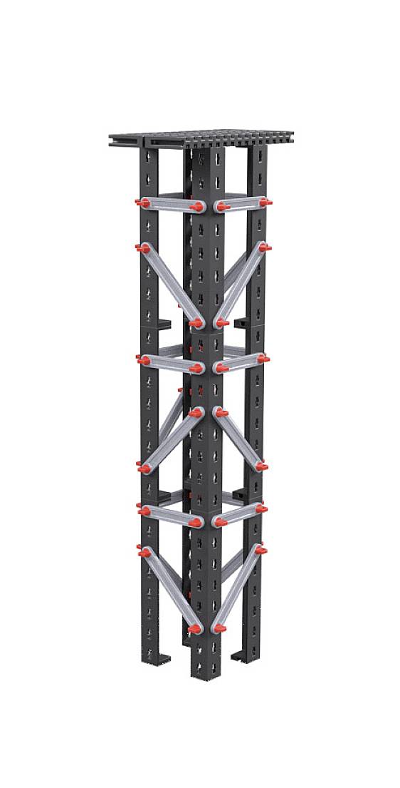 A dark, modular steel support strut with reinforcing diagonal braces and red connecting elements standing vertically.