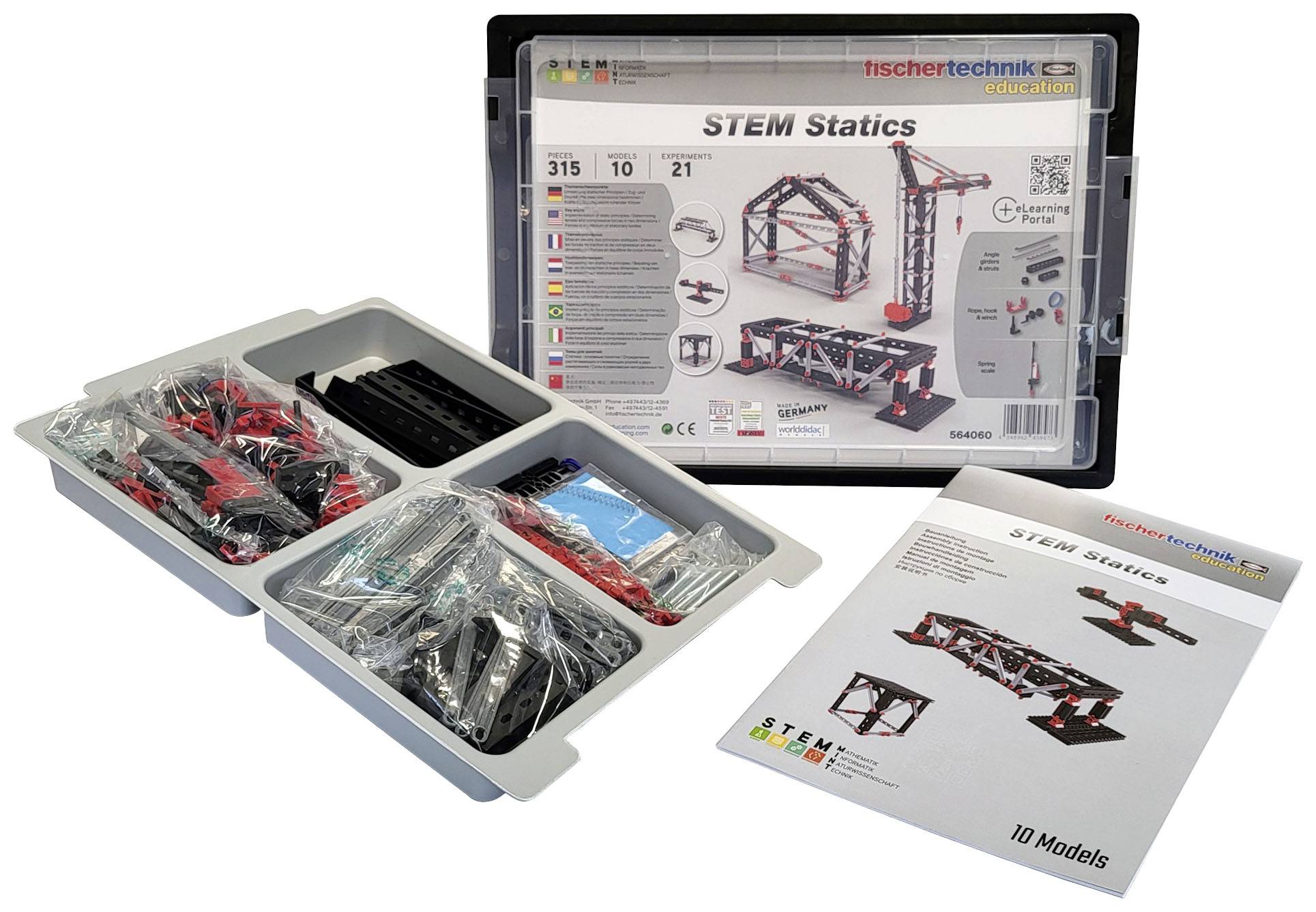 fischertechnik STEM Statics kit opened, showing components and instructions for building models to demonstrate static engineering concepts.