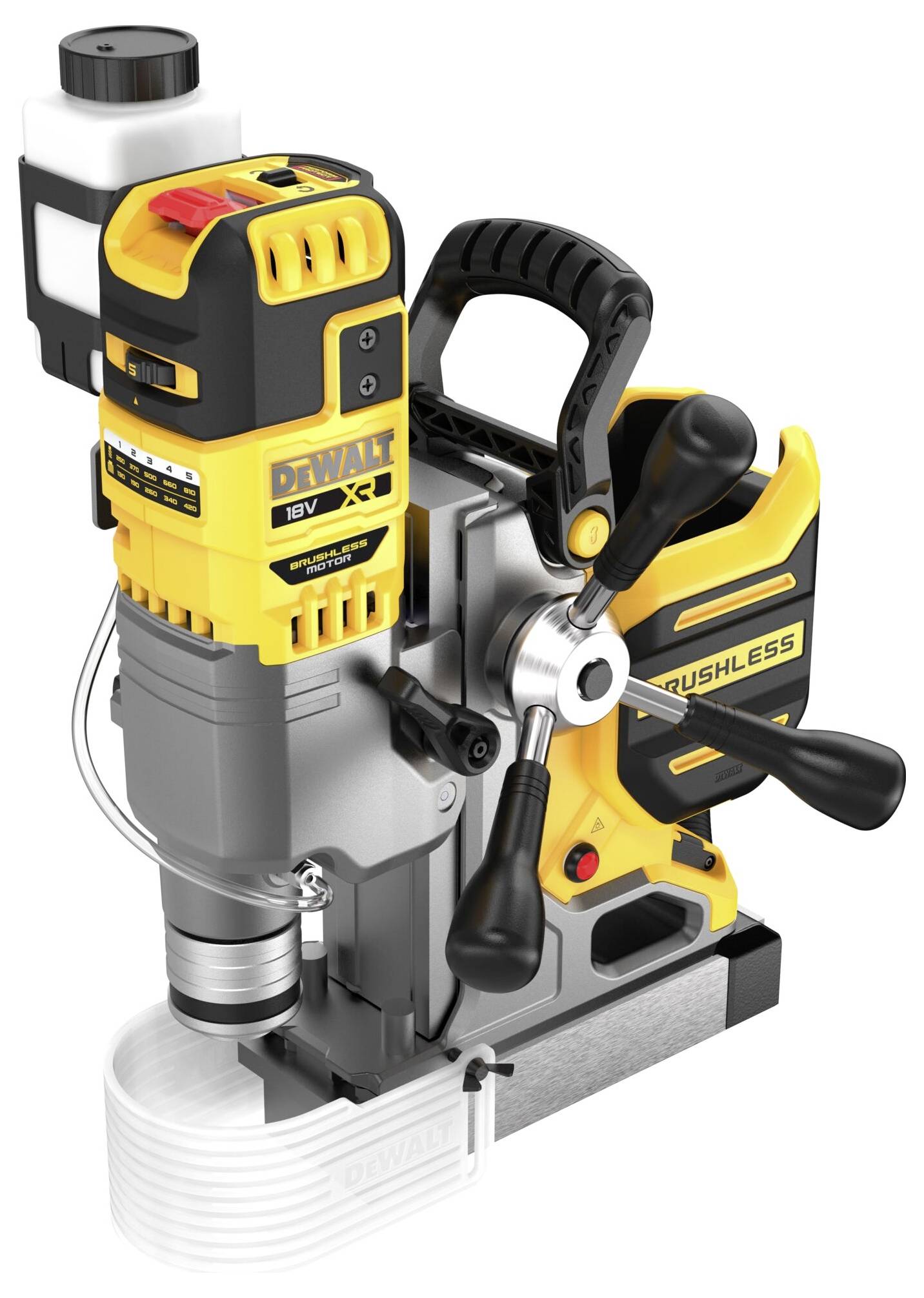 A yellow and black electromagnetic drill with an ergonomic handle and controls for precise metal machining.