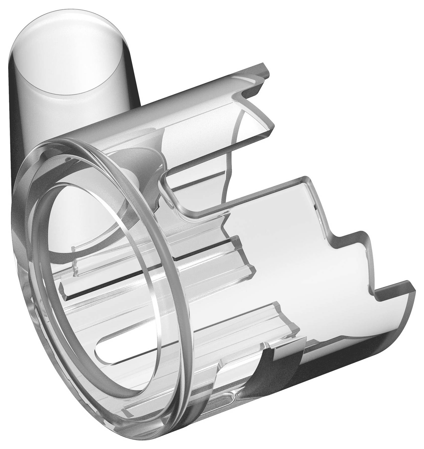 Clear plastic component in a rectangular shape with rounded edges and multiple grooves; potentially a technical part.