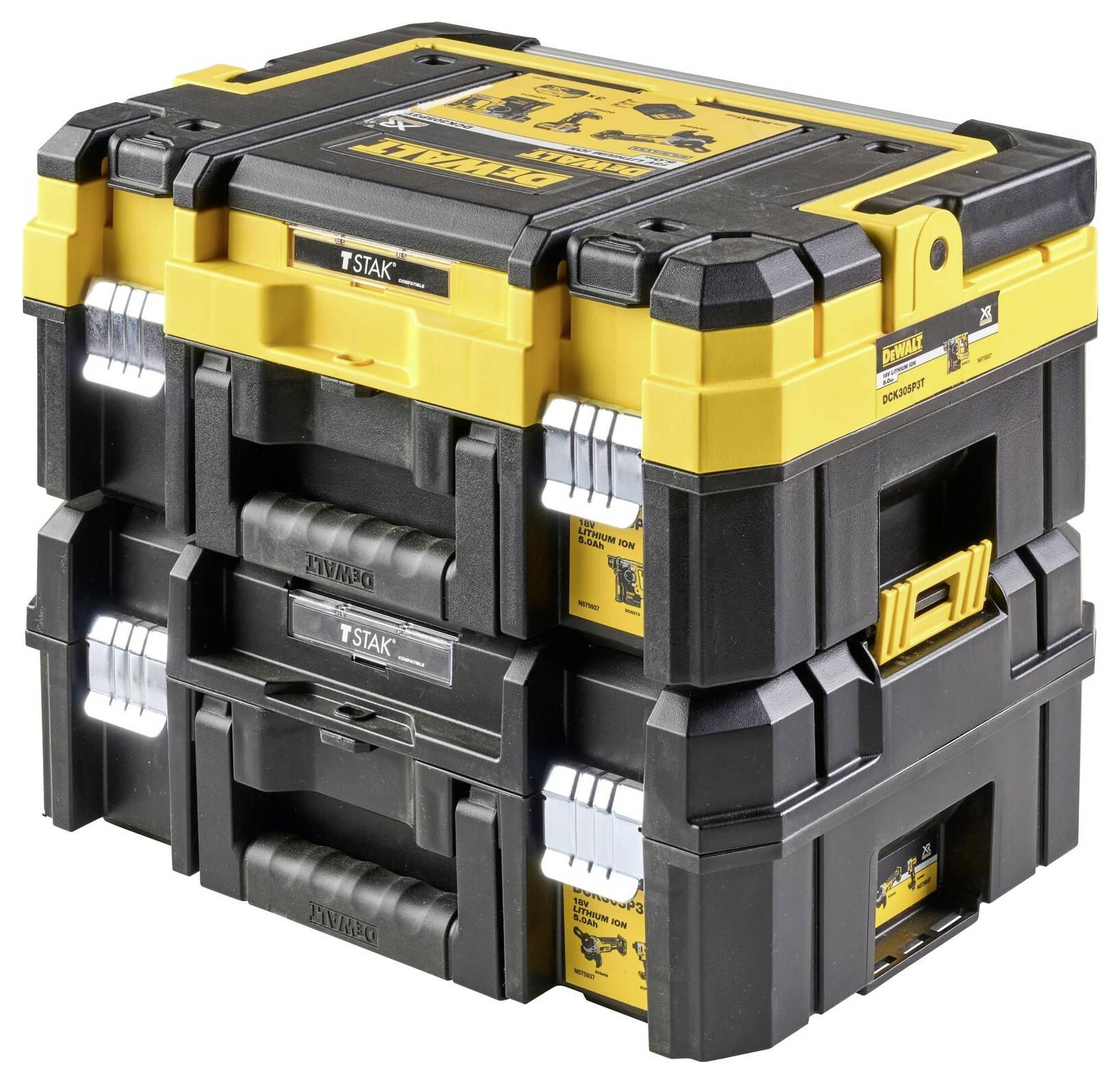 Two stacked tool boxes in black and yellow with silver-coloured latches.
