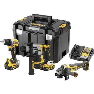 Tool set comprising a cordless screwdriver, hammer drill, angle grinder, charger and tool case, all in black and yellow.