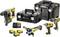 Tool set with cordless drill, angle grinder, hammer drill, three batteries, charger and two storage cases, black and yellow.
