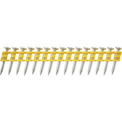 A row of nails in a yellow plastic strip, presumably for a nail gun, evenly aligned and ready for use.