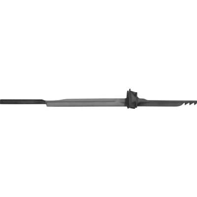 A black, serrated saw blade with a long handle is held by a protective guard, suitable for cutting materials.