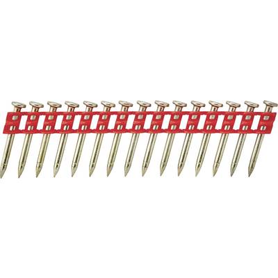 A strip of nails connected by a red plastic strip, commonly used for nail guns in construction.