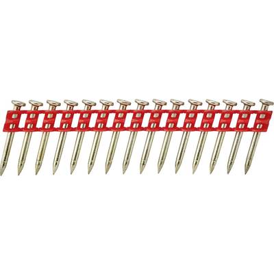 A set of sixteen interconnected nails with a red plastic strip for pneumatic or nail guns.
