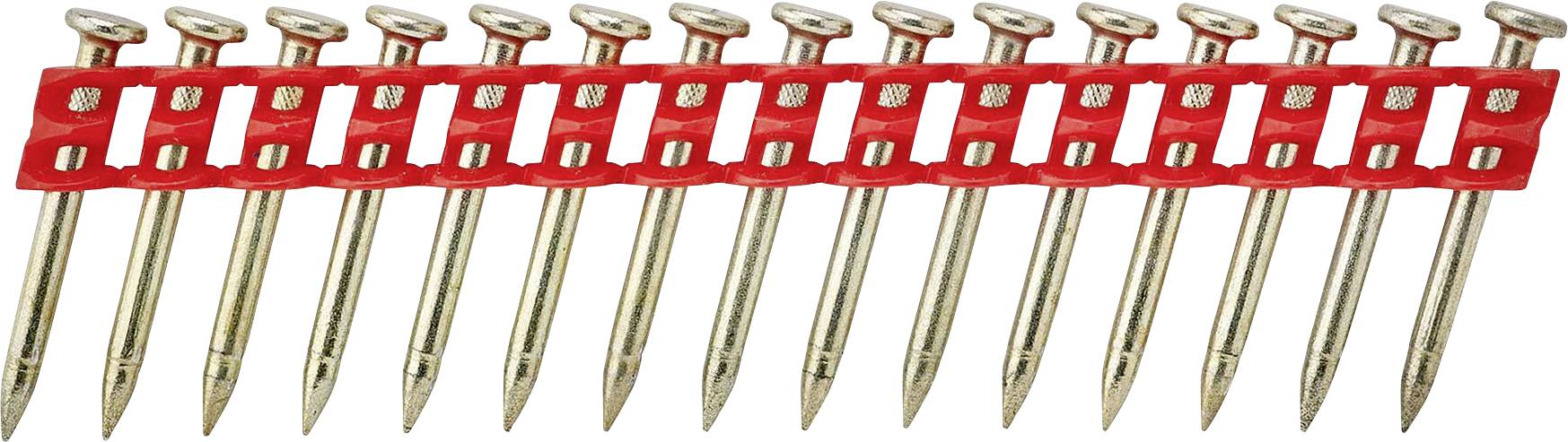 A row of nails, arranged in parallel and connected by a red plastic strip for automated tools.