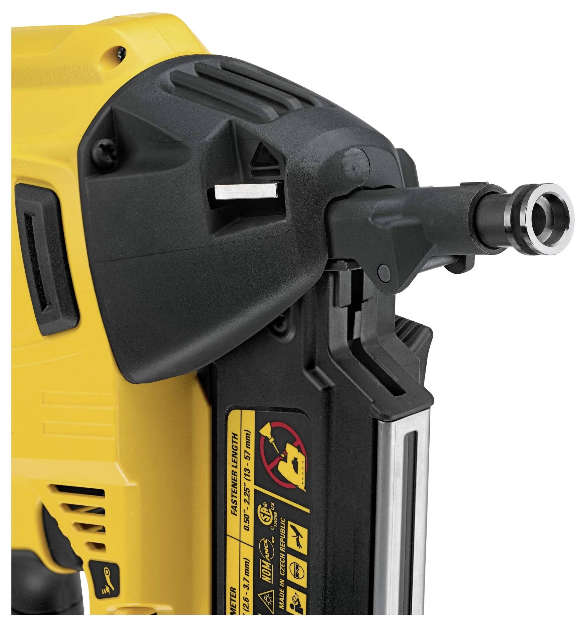 Yellow electric power tool, partial view of a pneumatic nail gun, black housing, safety prints and black metal parts visible.