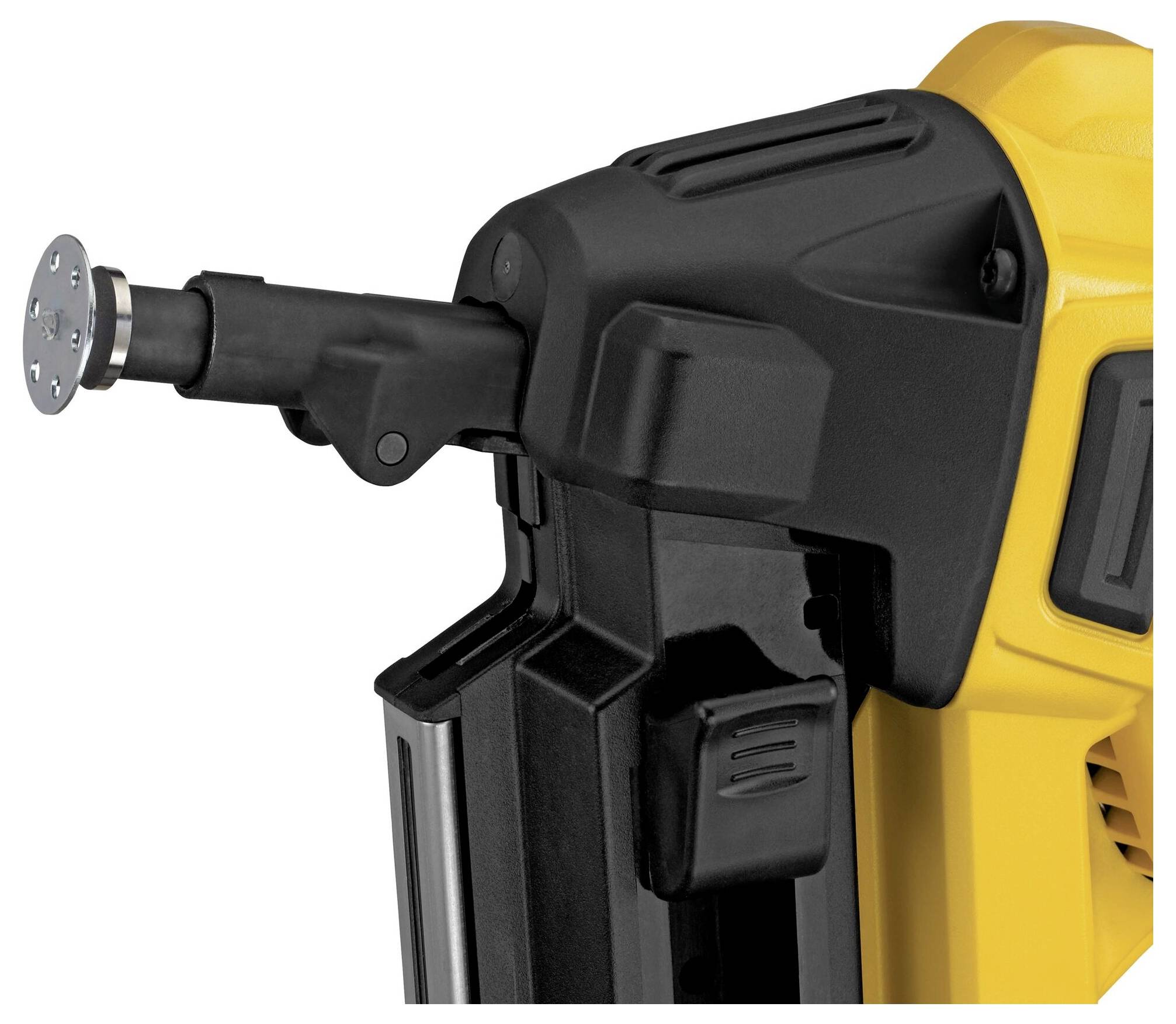 A yellow electric nail gun with a black handle and nail mechanism, ready to be used for construction or renovation work.