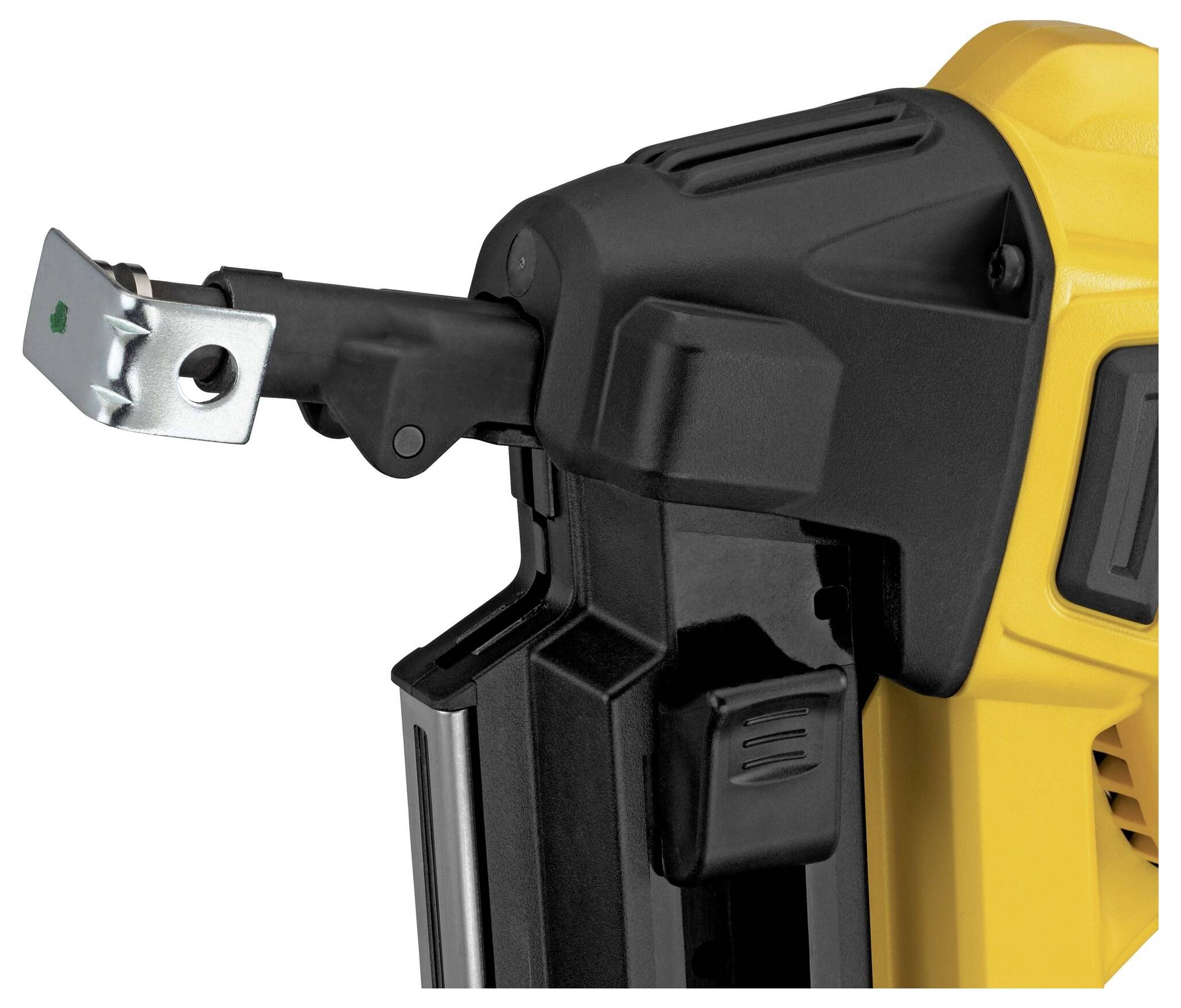 A close-up of a yellow battery-powered nail gun with a protruding nail and ergonomic handle.