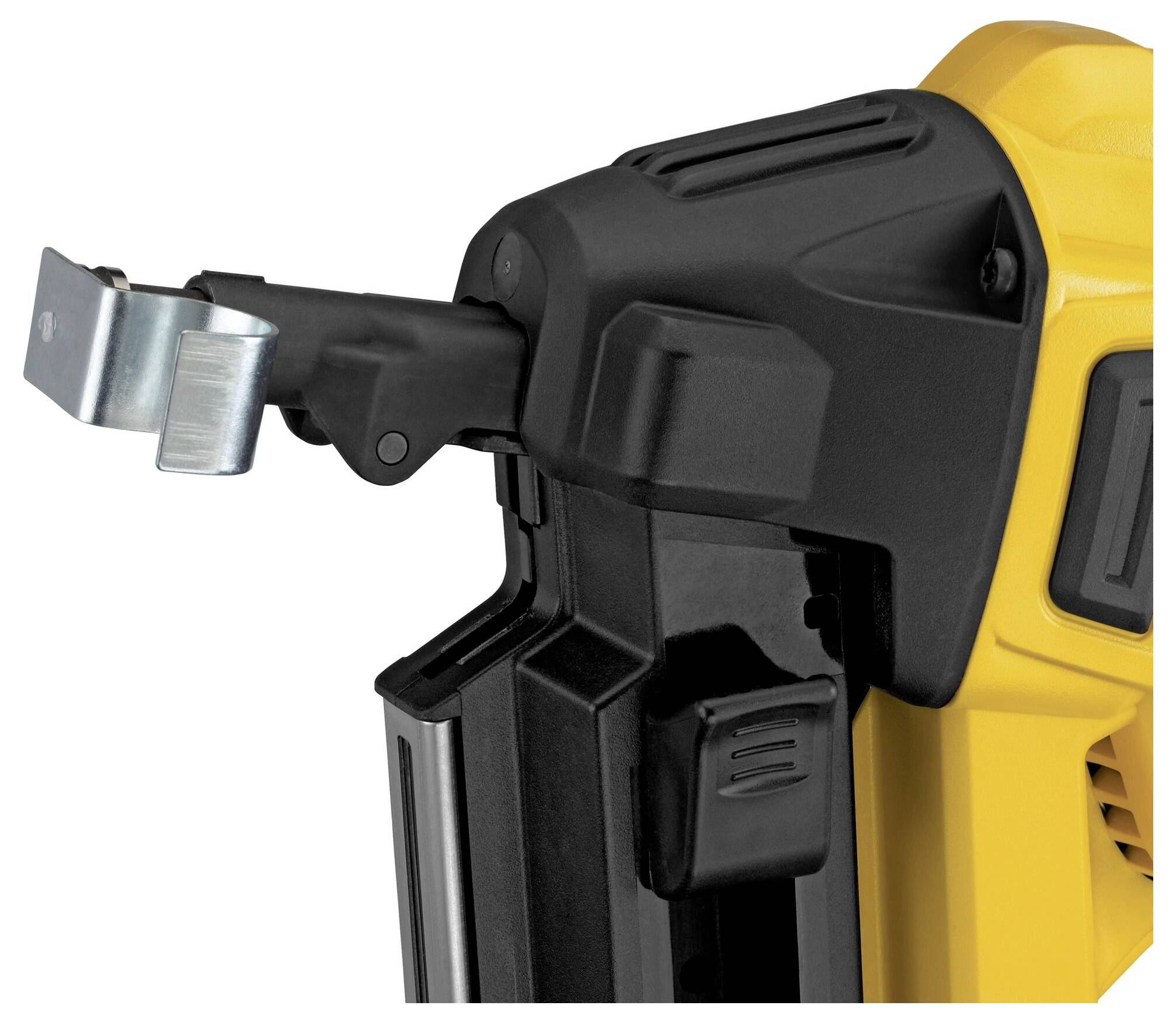 Close-up of a yellow, cordless nail gun with a black handle. The device has a metallic tip and is used for construction work.