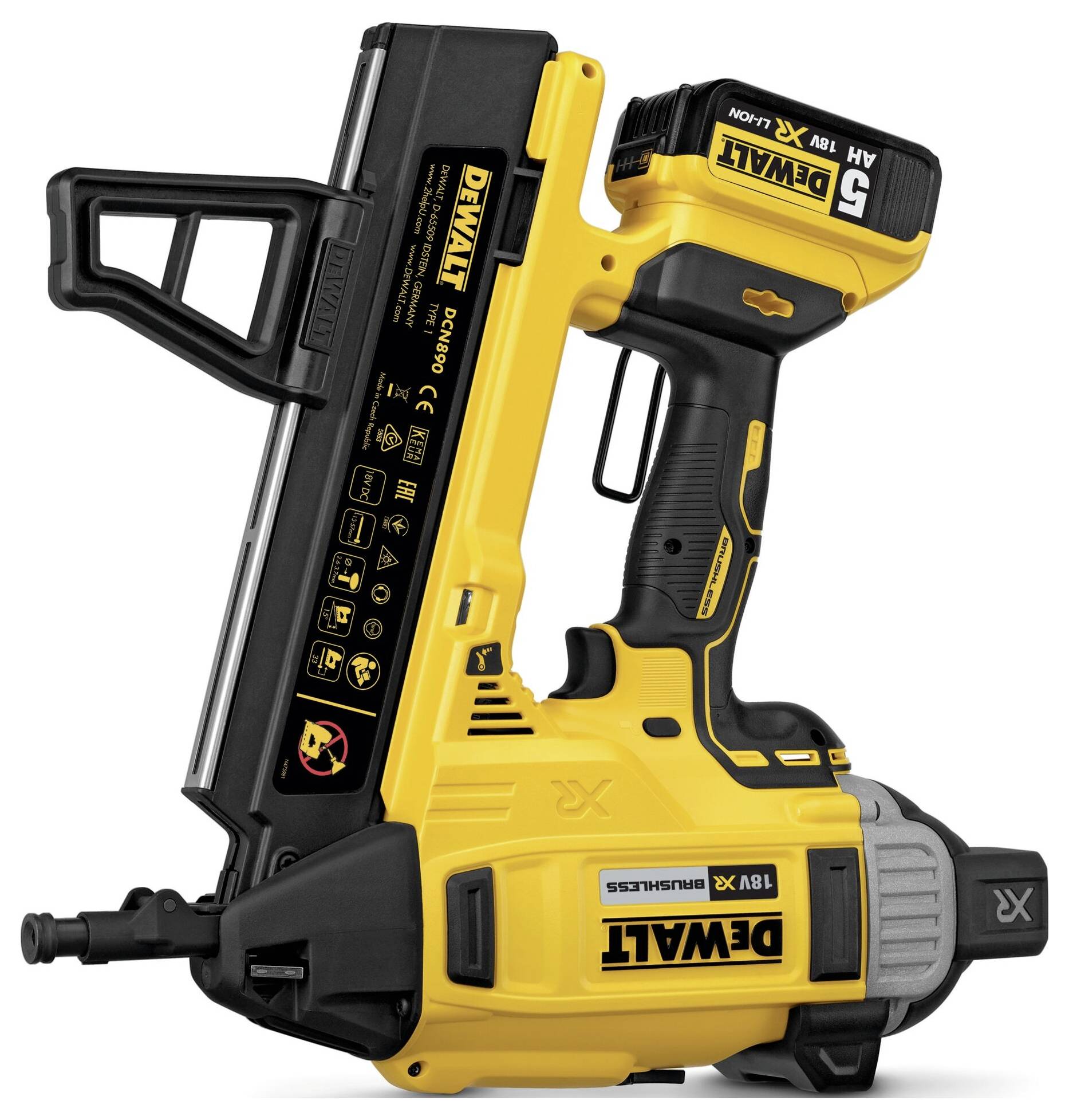 Battery-powered nail gun in yellow and black, with an ergonomic grip and magazine. Safety and performance feature markings are visible.