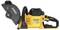 Cordless angle grinder by DeWalt, yellow and black, with robust casing and side handle, suitable for demanding cutting work.