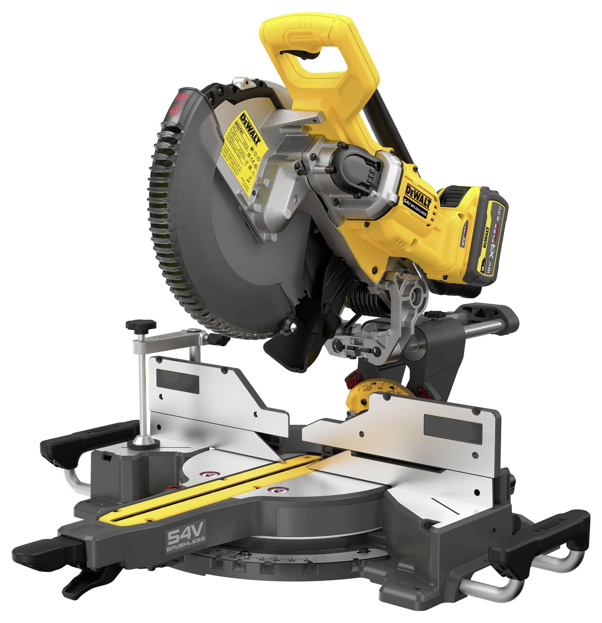 A yellow, battery-powered mitre saw with black and silver detailing, slightly angled to one side.