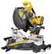 A yellow, battery-powered mitre saw with black and silver detailing, slightly angled to one side.