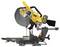 Electric mitre saw in yellow and grey, battery-powered, with protective handle and measurement indicator. Primary tool for precise wood cutting.